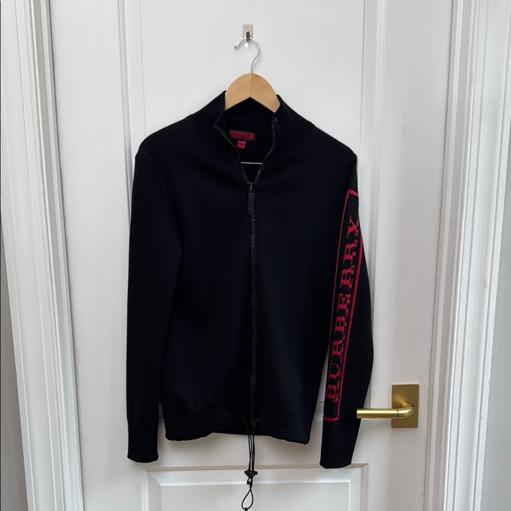 Burberry Black Zip Up Sweater with Red Sleeve Logo